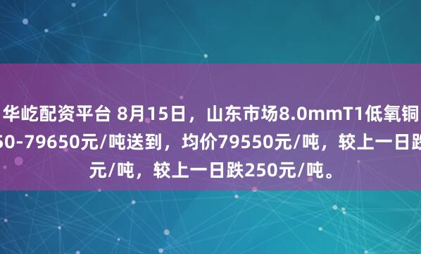 华屹配资平台 8月15日，山东市场8.0mmT1低氧铜杆报价79450-79650元/吨送到，均价79550元/吨，较上一日跌250元/吨。